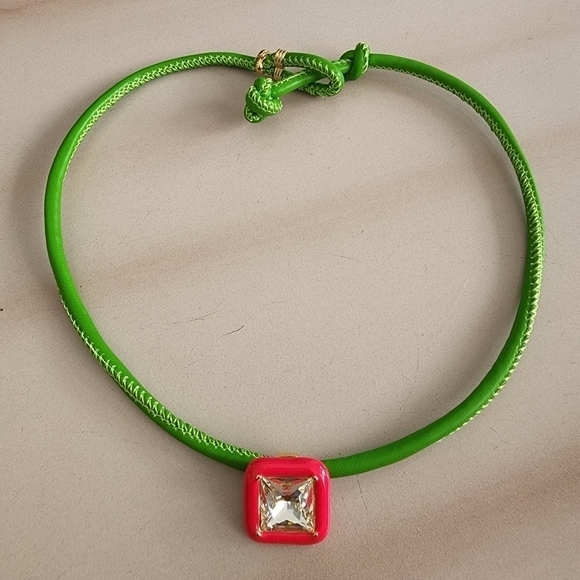 NEW Square Gem Geomatric Green Y2K Leather Necklace - Picture 4 of 12